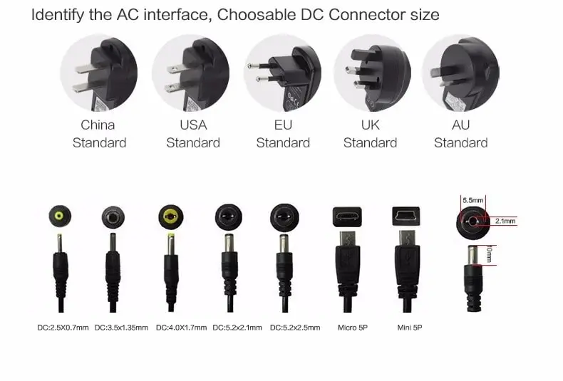 Interchangeable Plug Adapter EU/Us/UK/Au/Cn Standard 24V 1.5A Power Supply