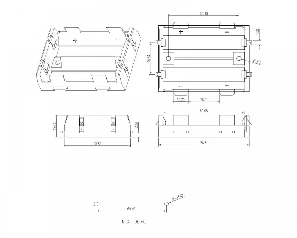 BBC-W-G0-A-109 Soporte de batería dual para 26650 Solder Tail