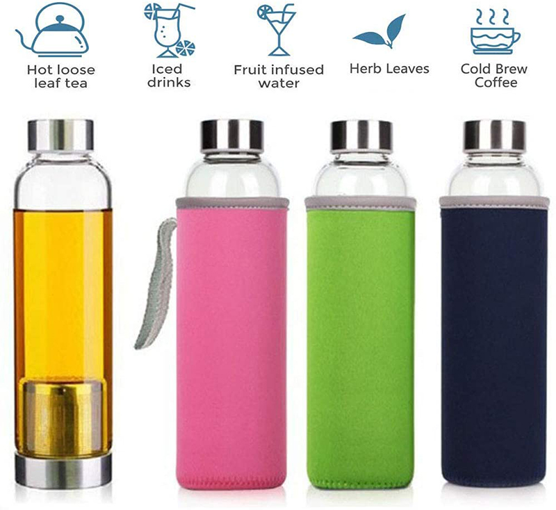 Glass Tea Infuser Water Bottle with Protective Sleeve Motivational Glass Water Bottle