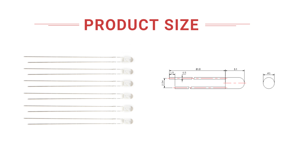 Size of 317URC-09L86 3mm LED Long Leg LED Red Clear 625nm 620nm LED