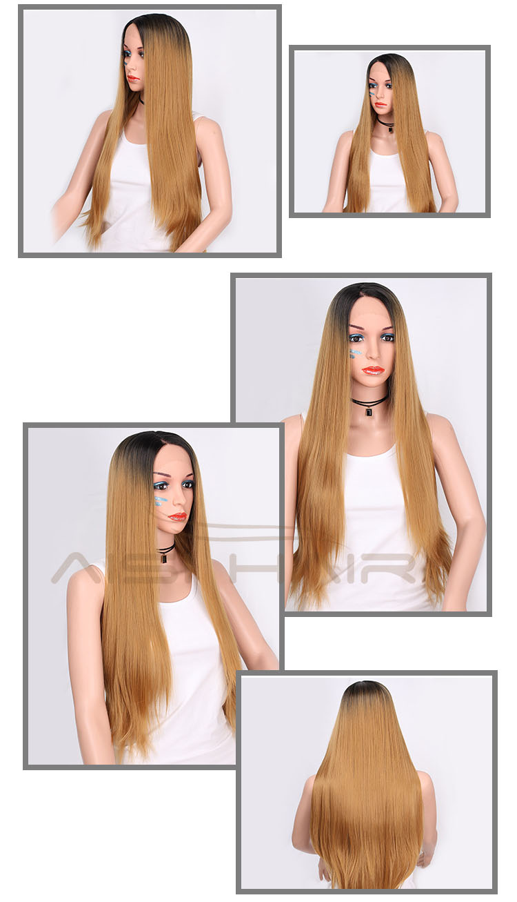 Good Quality Long Silky Ombre Root Brown Dark Straight Wig  Lace Frontal Wig Natural Wave Front Lace Hair Wigs For Women