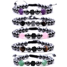Natural Stone Beads Woven Bracelet Gemstone Facted Beads 8MM Magnetic Hematite Beaded Adjustable Bracelet for Men Women