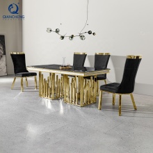 QIANCHENG 220cm Italian Golden Marble Top Dining Table Set