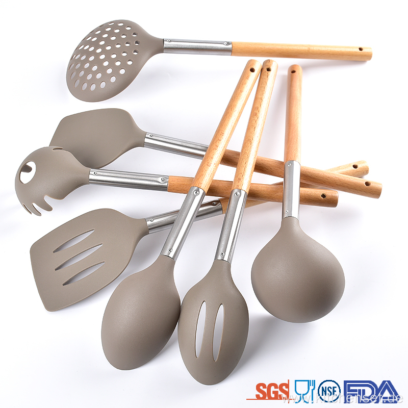 nylon cooking kitchen utensil set with natural wood