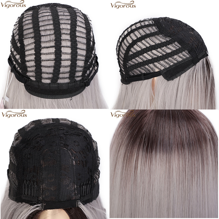 Vigorous Ombre Gray Long Silky Straight Middle Part Wigs Middle Part Synthetic Wig Heat Resistant Fiber Wig For Women