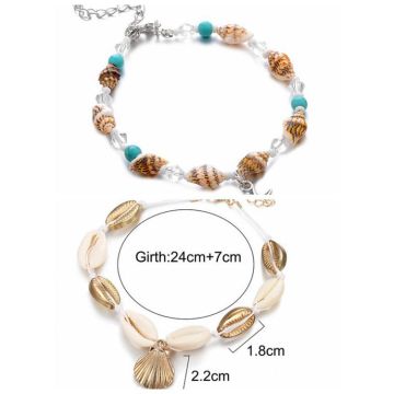 2 piece beach anklets set chain women's shell starfish multi-layer beaded Bohemian handmade