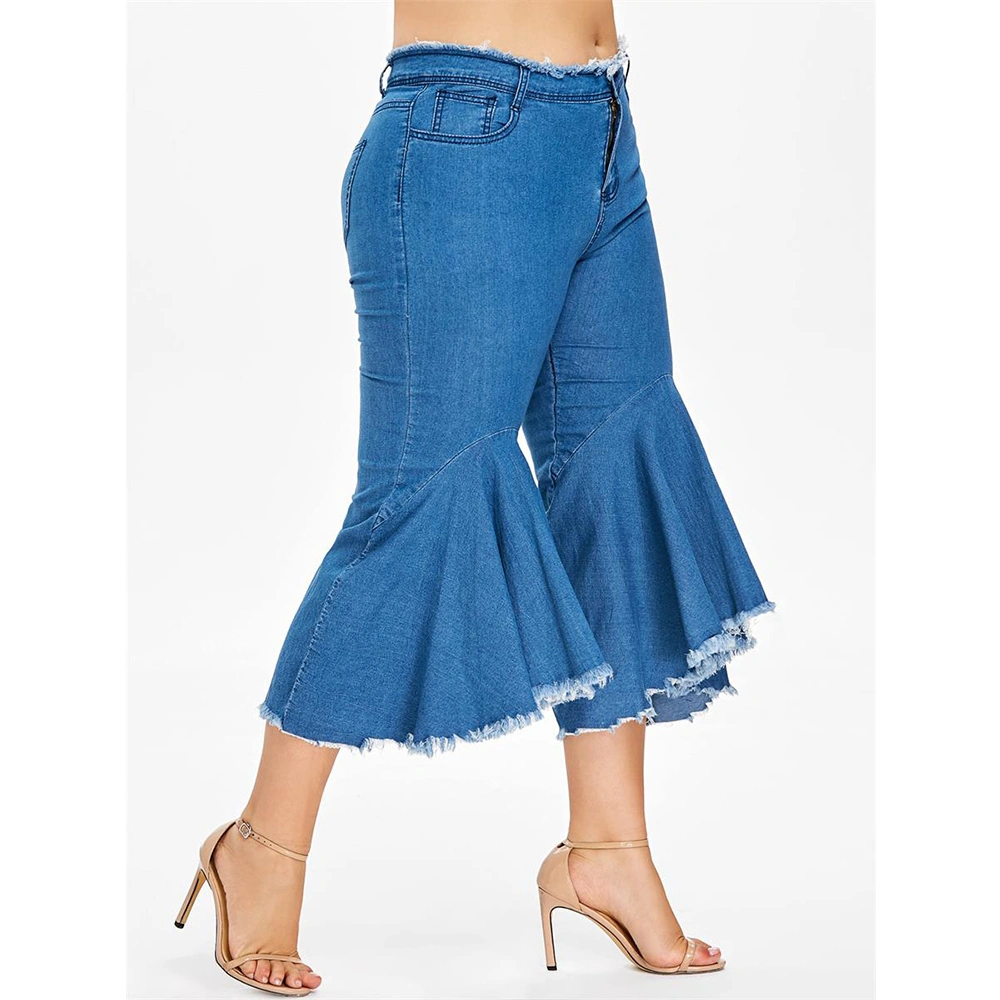 2021 Large-Size Floundered Jeans with Rough Edges