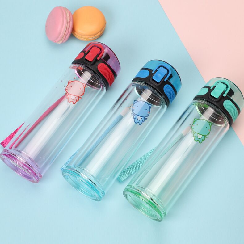 300ml Double Wall Glass Water Frosted Bottle Kids with Flip Top Lid