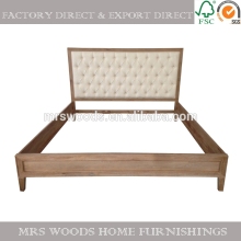 french solid oak wooden bed, button tufted linen upholstered oak bed, oak bed