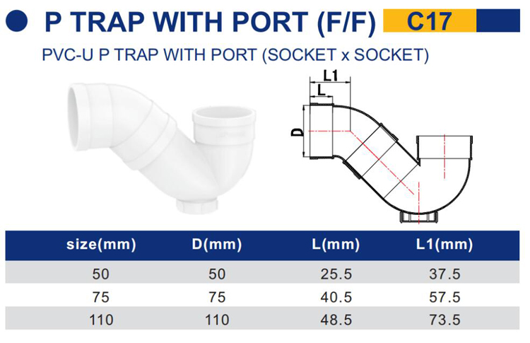 TY PVC GB drainage pipe fittings PVC UPVC P Trap size with port