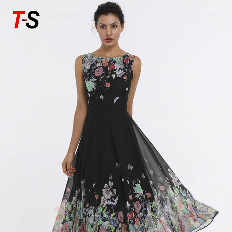 New 2019 print evening dress round neck sleeveless floral dress