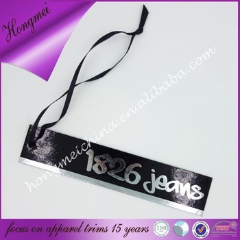 personalized jeans hangtag in packing with ribbon