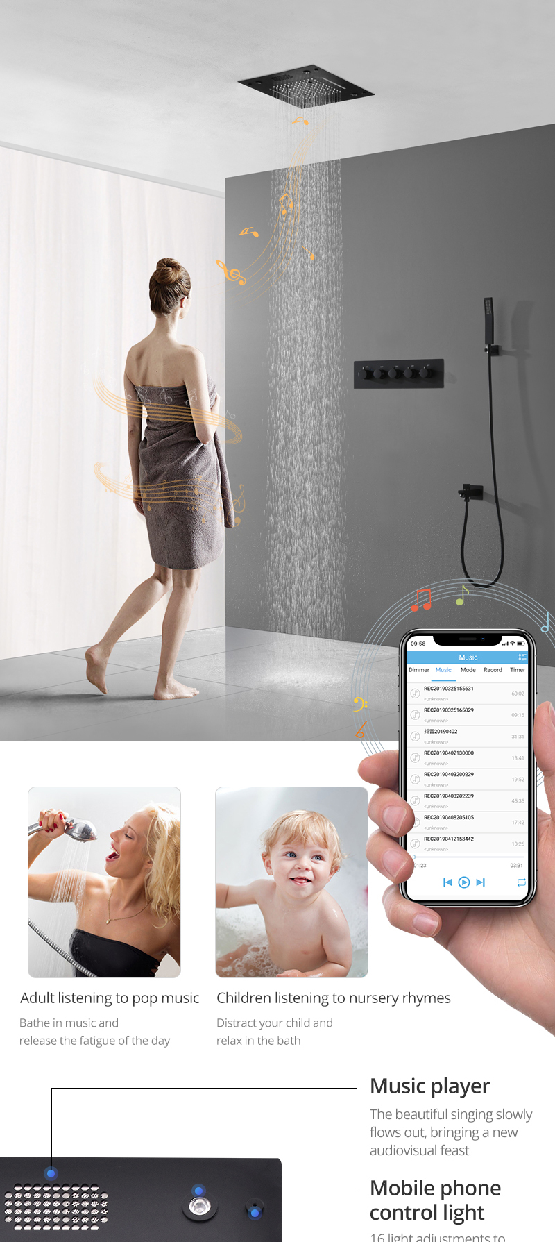 Music Shower Head 16 Inch Rainfall Waterfall Mist Shower Panel Matte ...