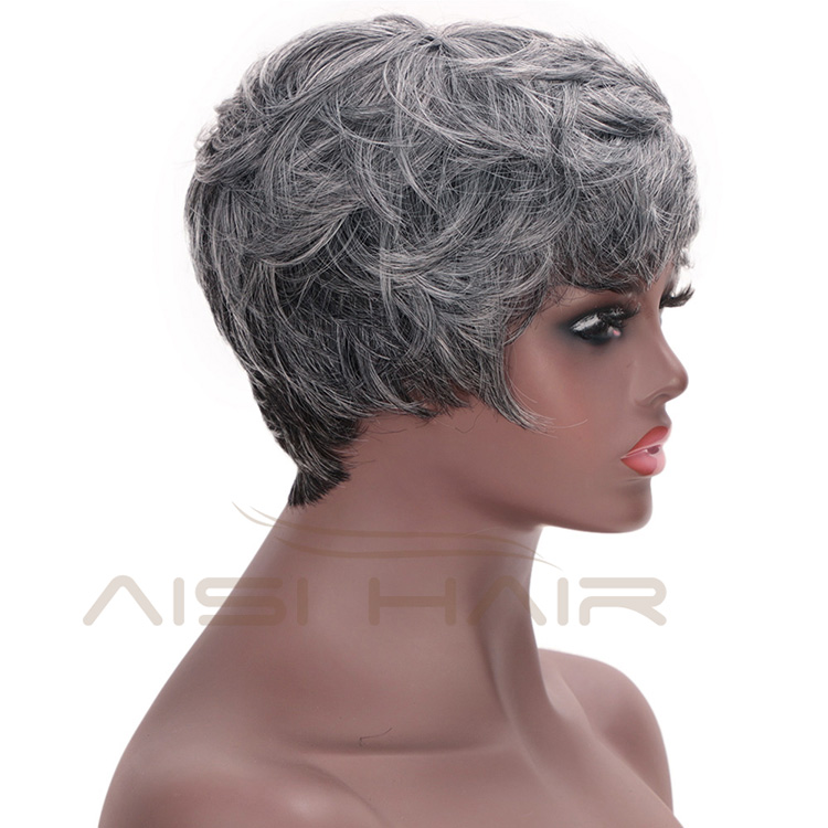 Aisi Hair Synthetic Ombre Grey Hair Bob Style Short Wigs for Women Black Cosplay Short Wigs with Neat Bangs
