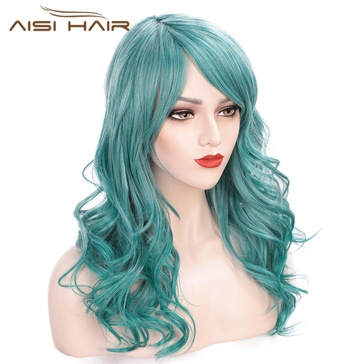 Aisi Hair Synthetic Long Wavy Lake Blue Wig for Woman Cosplay Wig Grey Green Blue Heat Resistant Fiber Wigs