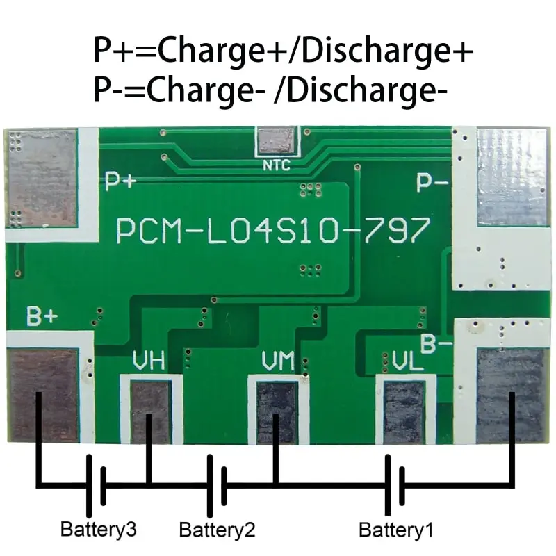 3s/4s 10A PCM BMS for 14.4V 14.8V Li-ion/Lithium/ Li-Polymer 12V 12.8V LiFePO4 Battery Pack Size L48*W28*T3.6mm (PCM-L04S10-797)