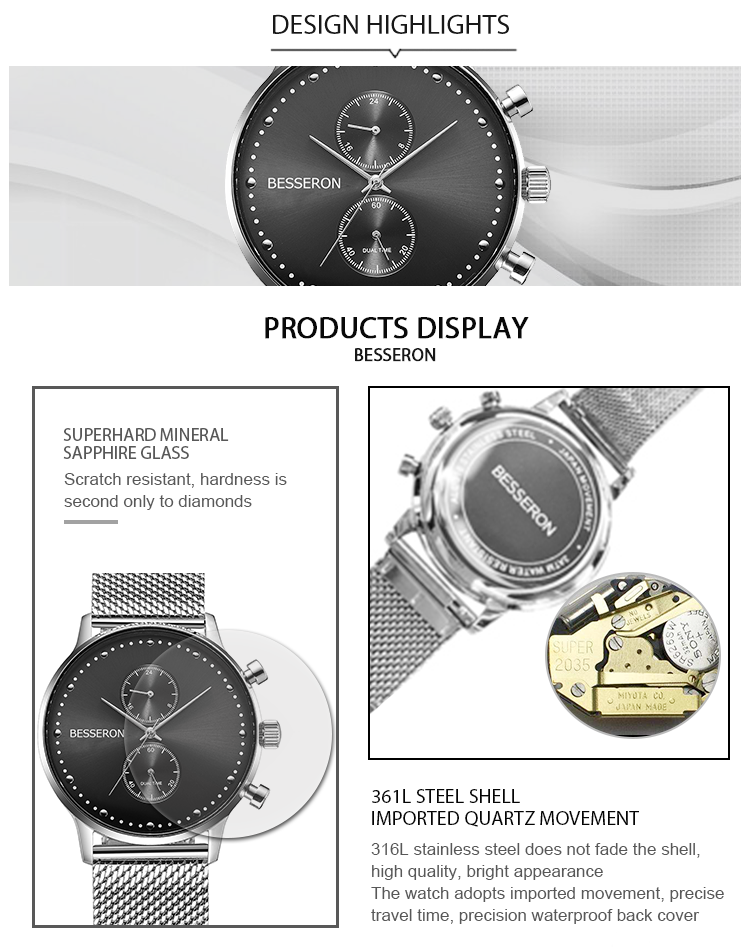 Stainless steel belt ultra-thin dial quartz watch waterproof casual simple men's watch