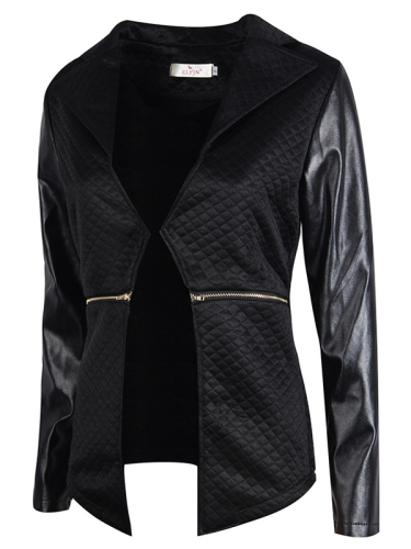 New Fashion Female Patchwork Turn-Down Collar Long Sleeve Faux Leather Jacket