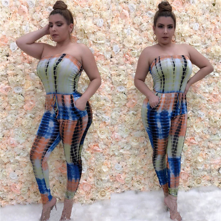 C3765 Fashion sexy sleeveless one-neck tie dyeing printed casual jumpsuit for woman 2019