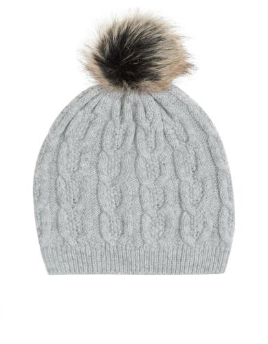 Cable fur pom beanie