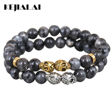 KEJIALAI 1pcs 2018 New Fashion 8mm Beads Bracelet Gold Silver Color Skull Head Black Iron Ore Stone Beads Men's Bracelet A0313