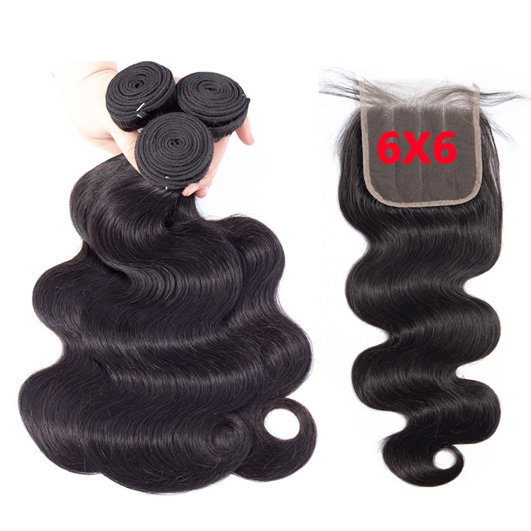 Lace Closure 6x6 Natural Body Wave With Bundles Human Hair, 3 Bundles Peruvian Body Wave Hair With Large Size 6*6 Hair Closure