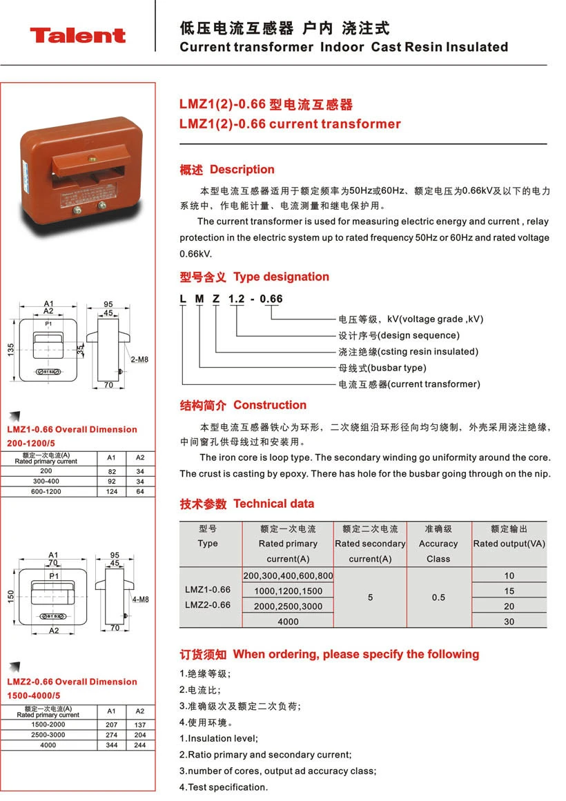 Lmz1 (2) -0.66 Indoor Cast-Resin 4000A 0.5class 30va Current Transformer