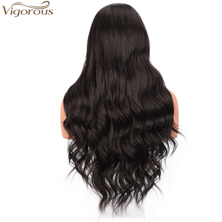 Vigorous Top Quality Long Black Wavy Wigs Middle Part Heat Resistant Synthetic Wave Wigs for Black Women Wholesale Price