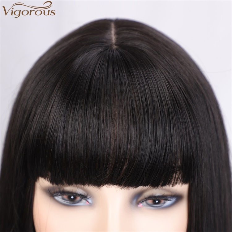 Vigorous High Temperature Wholesale Price  Cheap Long Silky Straight Black with Flat Bangs Synthetic Hair Wigs for Black Women