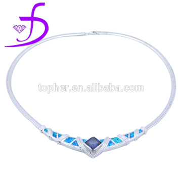 New arrival 925 solid silver opal necklace Unique design rhombus tanzanite gemstone snake chain