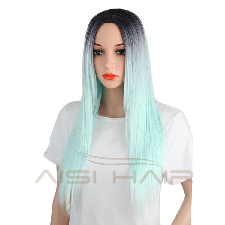 Aisi Hair Cosplay Long Straight Synthetic Wigs For Black Women Top Quality Ombre Green Color Wig Heat Resistant Fiber