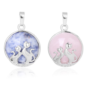 Chakra pierres précieuses rondes naturelles pendentif en cristal de guérison couples bijoux de chat en argent pour les filles des femmes