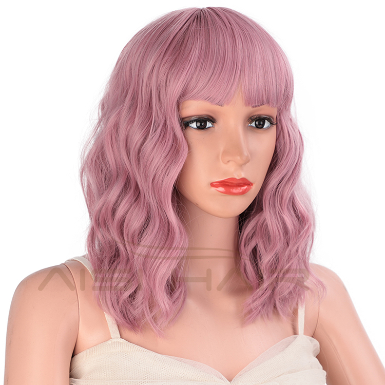 Aisi Hair Wholesale Hign Quality Synthetic Short Bob Pink Wig With Neat Bangs Short Curly Wave Wigs For Black Women