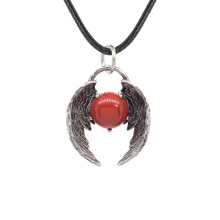 Red Jasper10MM Balls Silver Alloy Angle Wing Pendant Necklace 45cm Black Cord