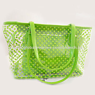 Fascinating Neon Green Transparent PVC Handbag Set with Little Bag Inside and Dot Pattern