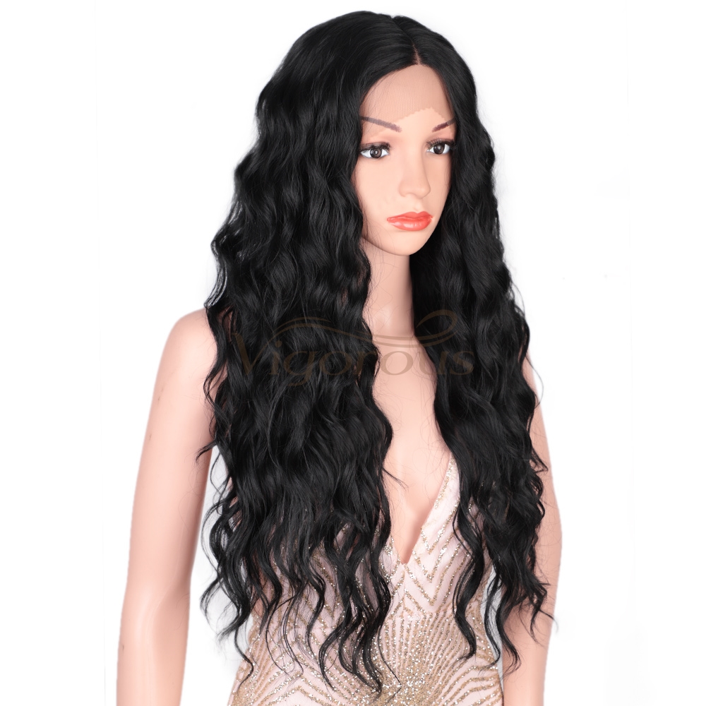 Vigorous Lace Front Wigs 26" Long Wavy Synthetic Wigs for Black Women 150% Density Deep Wave Middle Part Wigs(Natural Black)