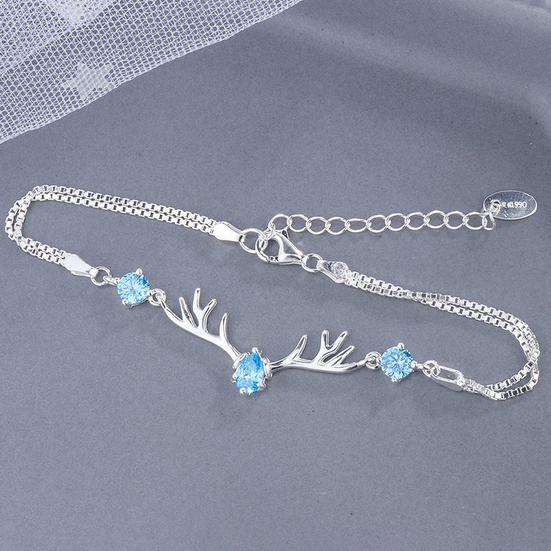 charm heart antlers silver chain bracelets women,925 sterling silver diamond bracelets jewelry OEM