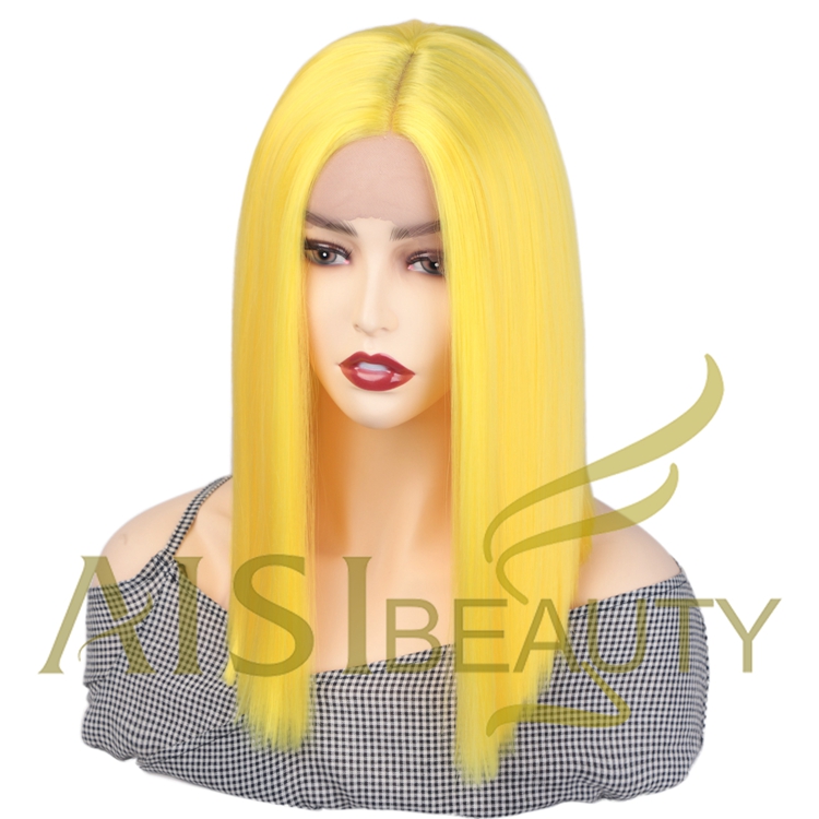Aisi Beauty Hot Selling Supplier Shoulder Length Silky Straight Middle Part Yellow Synthetic Hair For Black Women Lace Front Wig