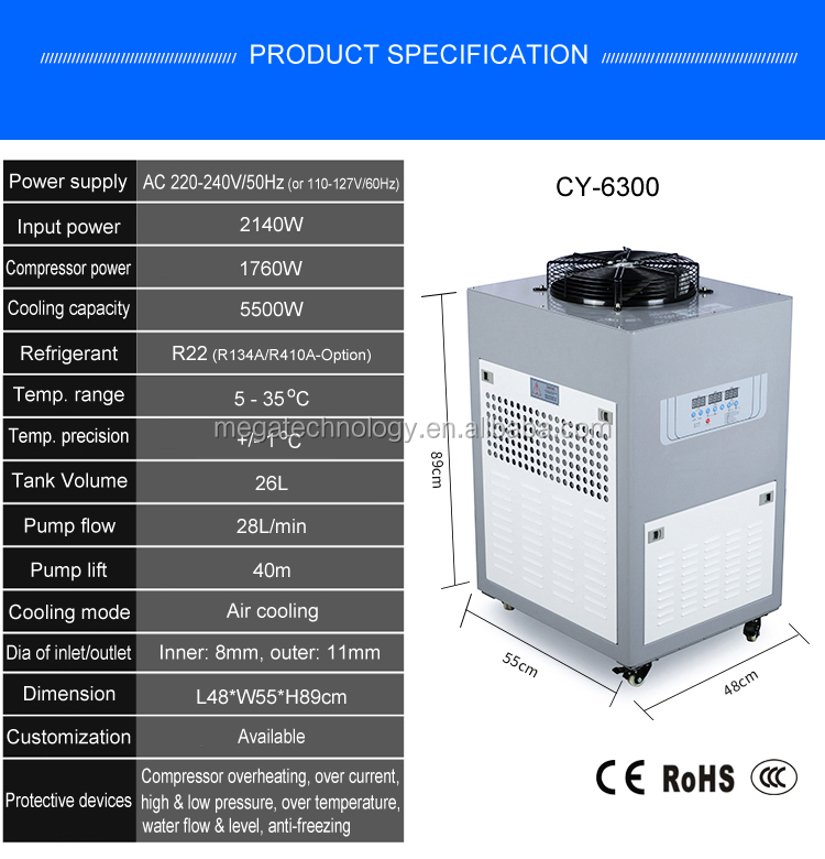 2HP 5500W CW-6300 CY6300 1.6T/hour High quality auto industrial water cooler chiller