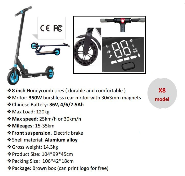 New Fashion Citycoco China Cheap X8 Stand up Mini Foldable Kick 2 Wheel Electric Scooter Adult