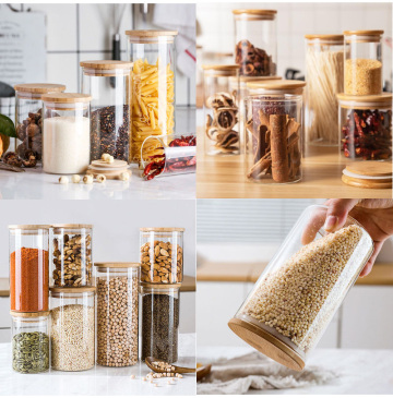 Kitchen Transparent Glass Jar Food Storage Containers Kitchen Storage Box Organizer Boxes Bamboo Lid Food Sealed Grain Storage