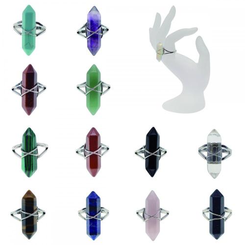 New Fashion Natural Stone Hexagonal Prism Beads Wrapped Silver Wire Chakra Charms Crystal Rings