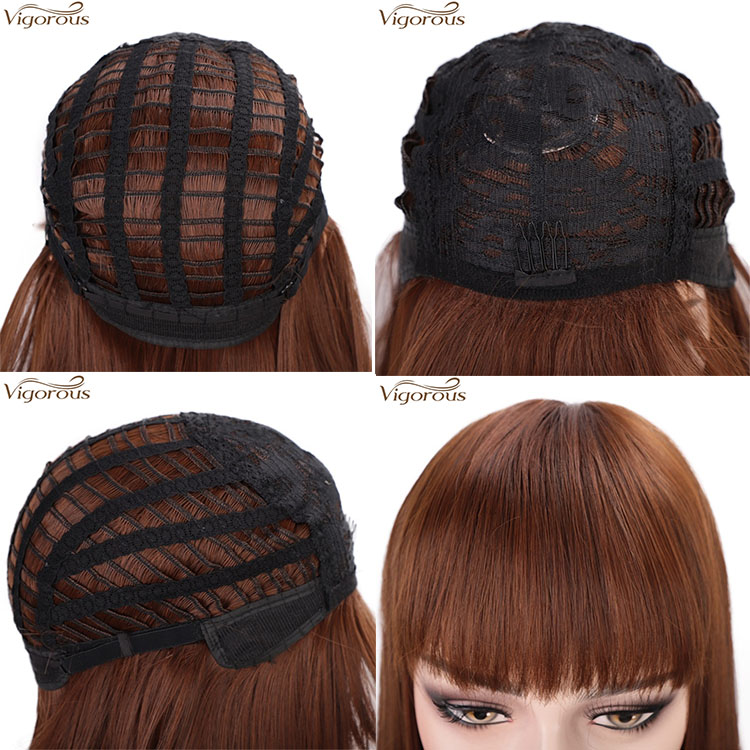 Vigorous Good Quality High Temperature Long Straight Synthetic Hair Wigs for Women Brown Wigs With Bangs Wholesale
