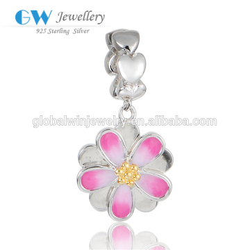 High Quality Silver Bead 925 Silver White Pink Enamel Charms Dangle Charm