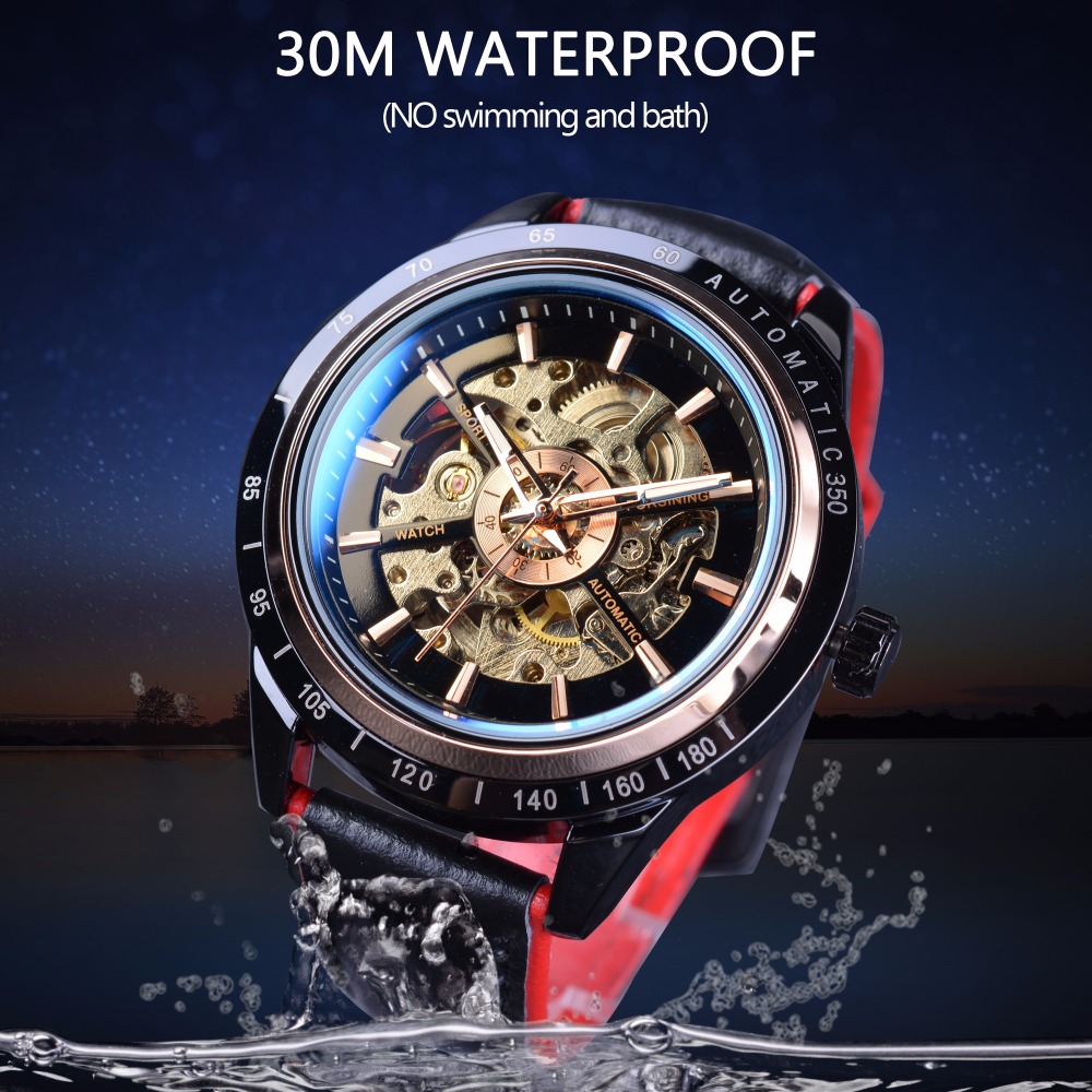 Top Brand Luxury Mens Forsining Motorcycle Design Transparent Genuine Strap Waterproof Skeleton Men Automatic Watches Clock
