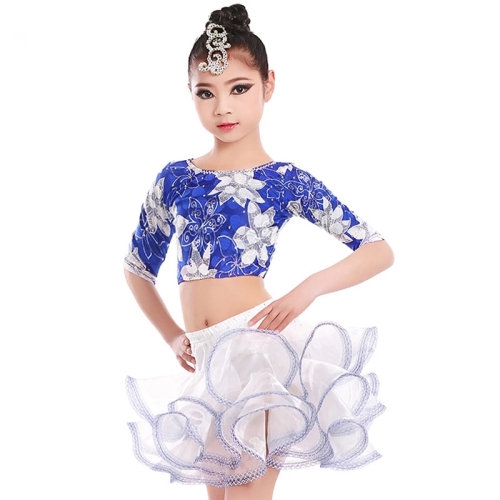 Çocuklar için yeni stil mavi sahne latin dans elbiseler