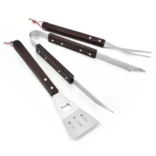 Barbeque Stainless Steel Fork Shovel Clip 3-Piece Set Outdoor BBQ Tool Set with Wood Handle