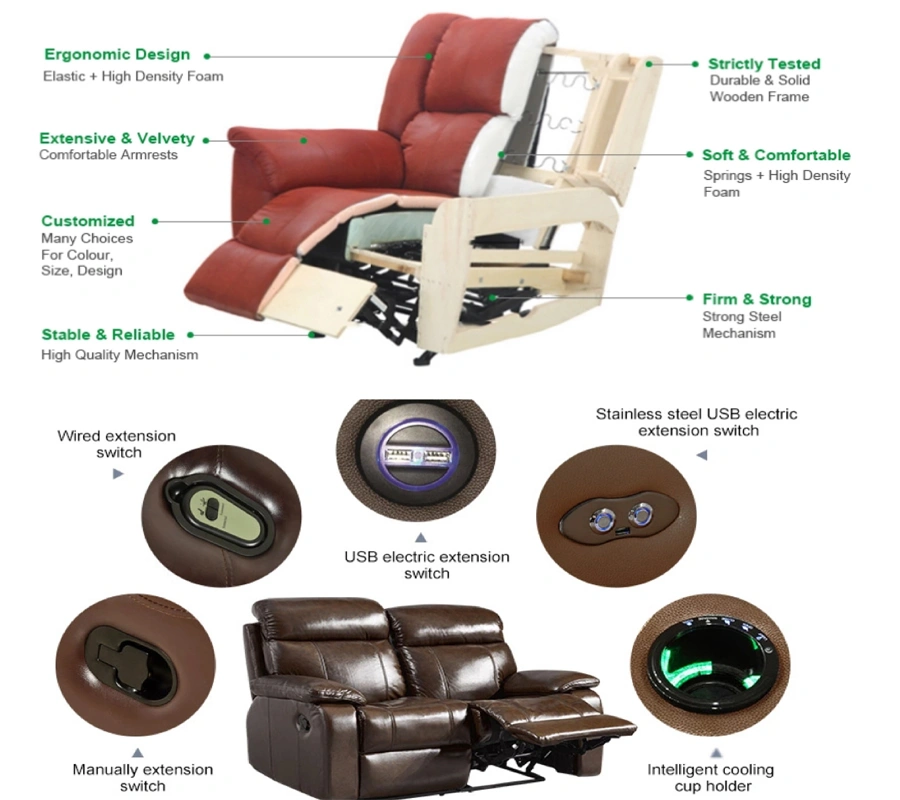 Recliner Movie Theater Sofa Sets Recliner Fabric, Sofa Reclining Pure Leather for Living Room Modern