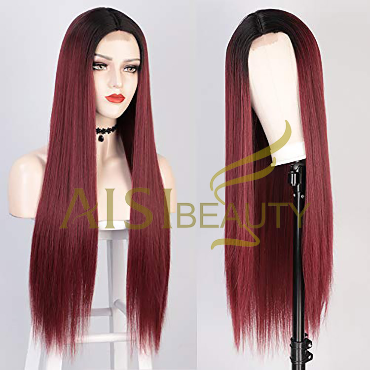 Aisi Beauty Vendor Cheap Party 26 Inch Long Straight Ombre Red Wig Swiss Lace Synthetic Hair For Black Women Lace Front Wig