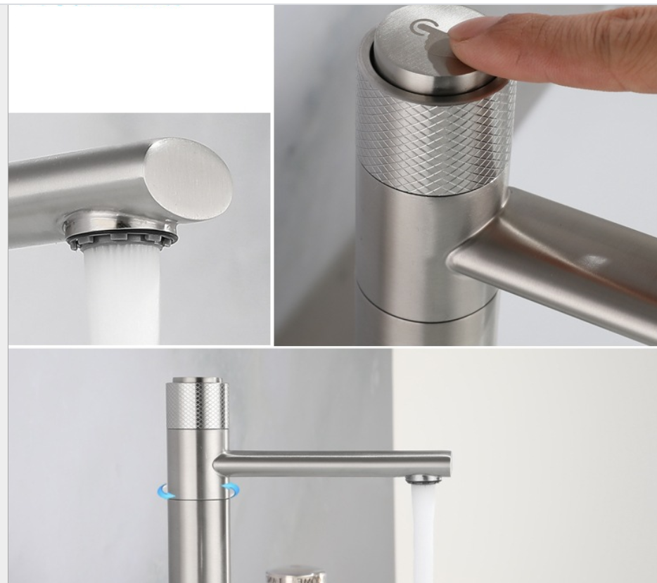 욕실 360도 회전 프레스 버튼 세면기 수도꼭지 304 SUS 냉수 전용 분지 탭